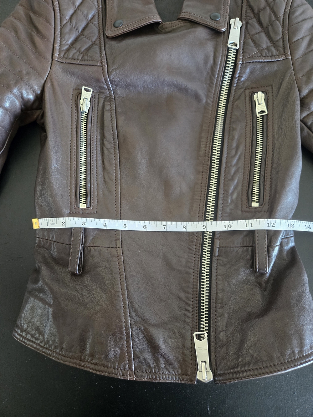 AllSaints Bryden Leather Biker Jacket US 2 UK 6 Brown Quilted Lambskin - Picture 10 of 13